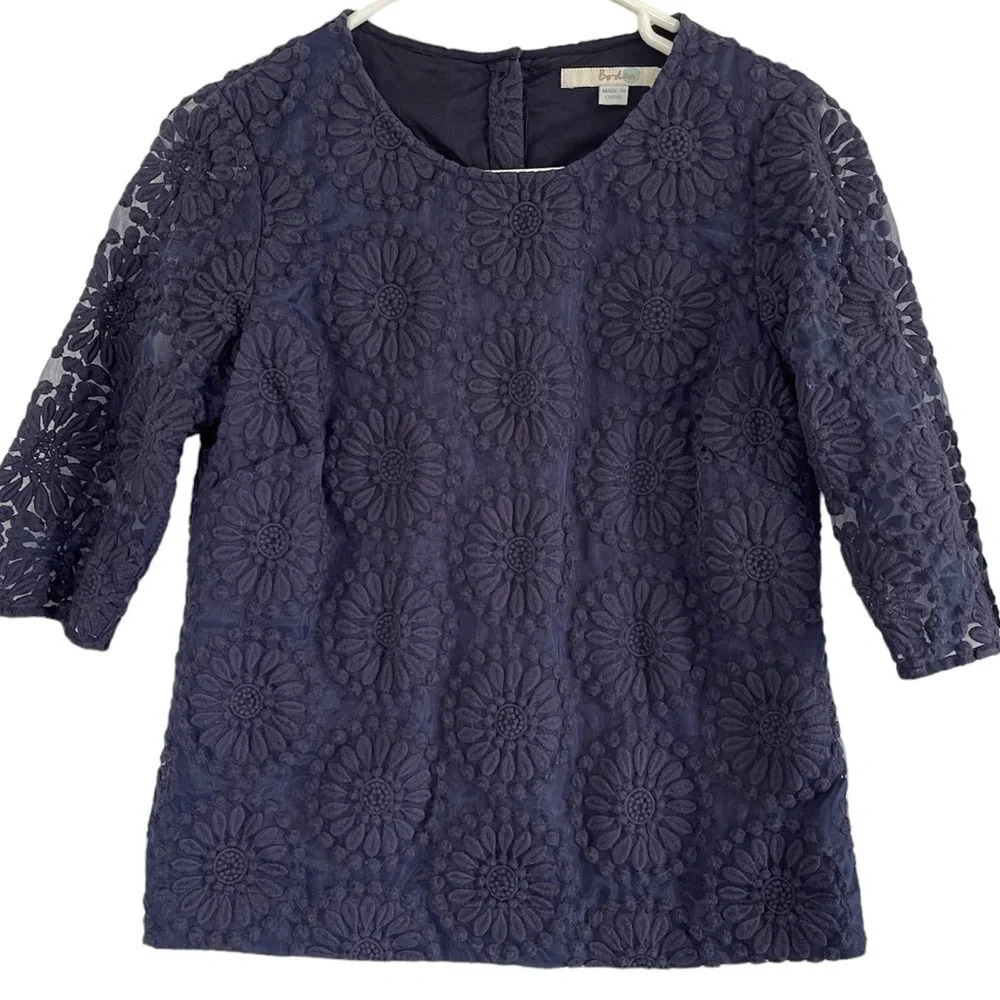 Boden BODEN Embroidered Flower Navy Blue Top Blouse Tunic Size 4